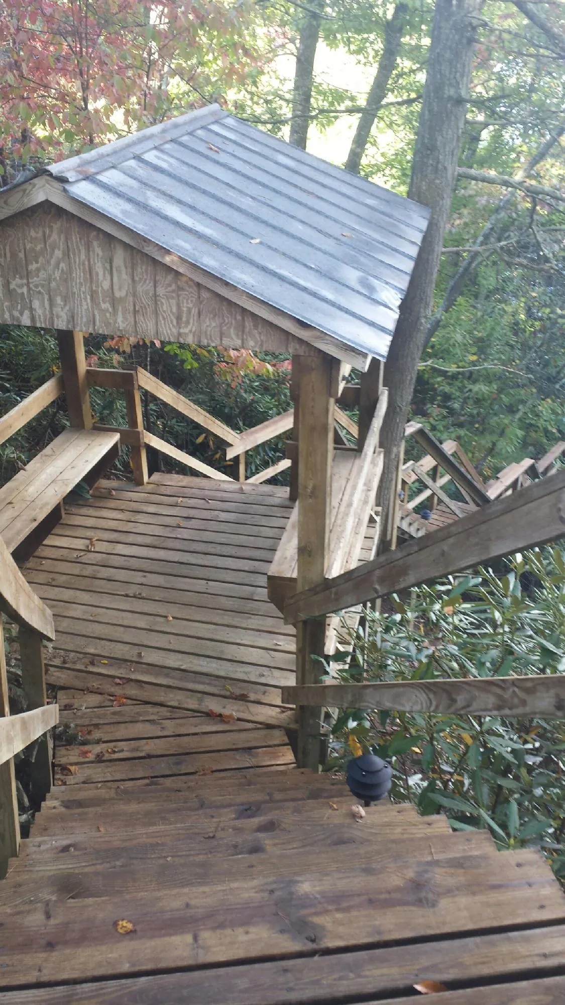 Metal roofed shelter over wooden steps on a wooded walkway — Skylight Repair & Installation work by our crew in Interlochen